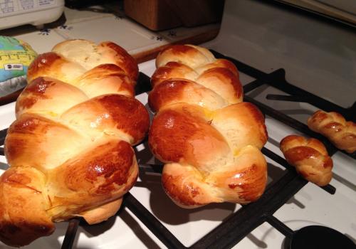 Two small challahs and two rolls from one batch of dough.